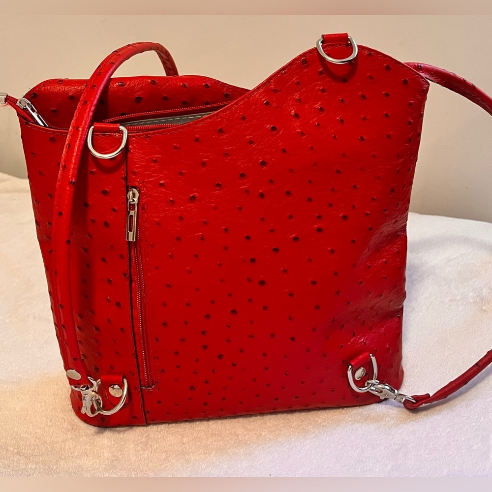 Borse In Pelle Ostrich Leather Hobo Cross Body Backpack Made In Italy Red